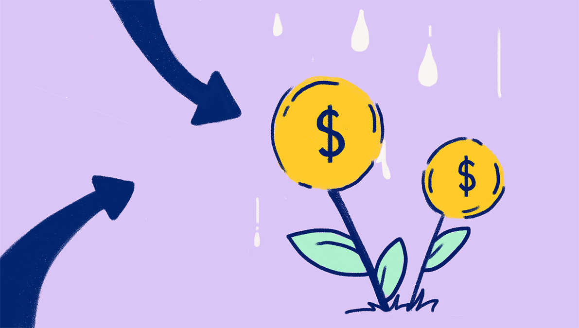 Plants with coins instead of flowers being watered, representing flourishing cash flow.